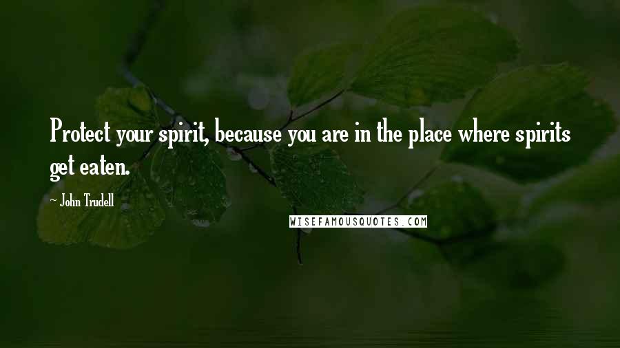 John Trudell quotes: Protect your spirit, because you are in the place where spirits get eaten.