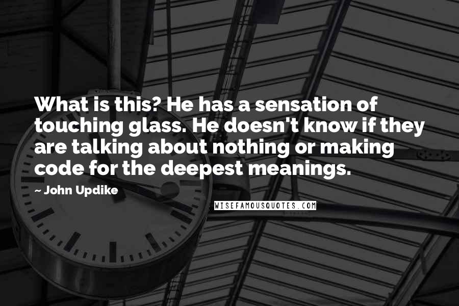 John Updike quotes: What is this? He has a sensation of touching glass. He doesn't know if they are talking about nothing or making code for the deepest meanings. John Updike quotes: What is this? He has a sensation of touching glass. He doesn't know if they are talking about nothing or making code for the deepest meanings.