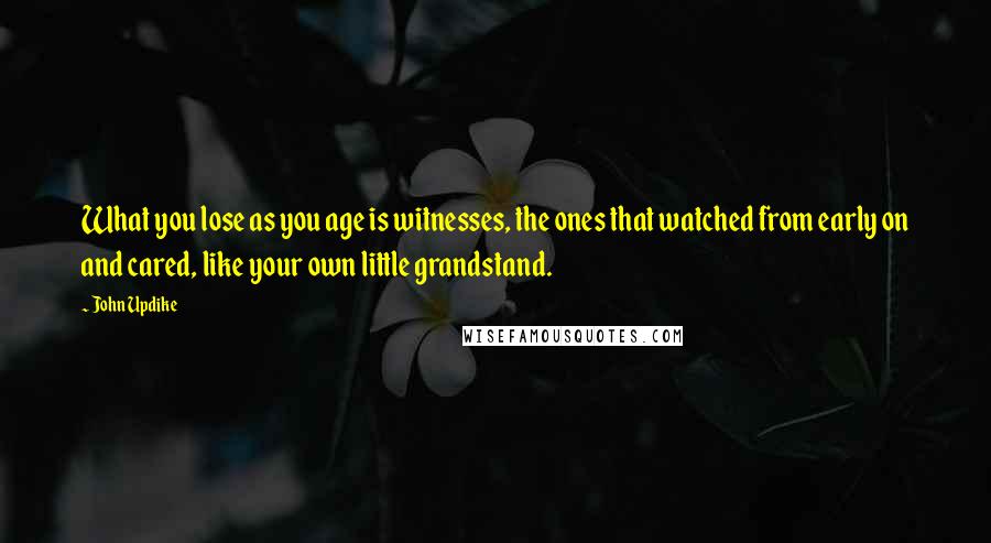 John Updike quotes: What you lose as you age is witnesses, the ones that watched from early on and cared, like your own little grandstand. John Updike quotes: What you lose as you age is witnesses, the ones that watched from early on and cared, like your own little grandstand.