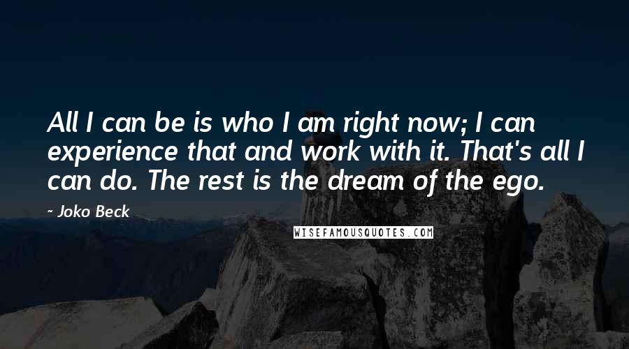 Joko Beck quotes: All I can be is who I am right now; I can experience that and work with it. That's all I can do. The rest is the dream of the