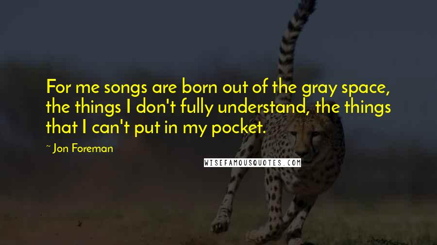 Jon Foreman quotes: For me songs are born out of the gray space, the things I don't fully understand, the things that I can't put in my pocket. Jon Foreman quotes: For me songs are born out of the gray space, the things I don't fully understand, the things that I can't put in my pocket.