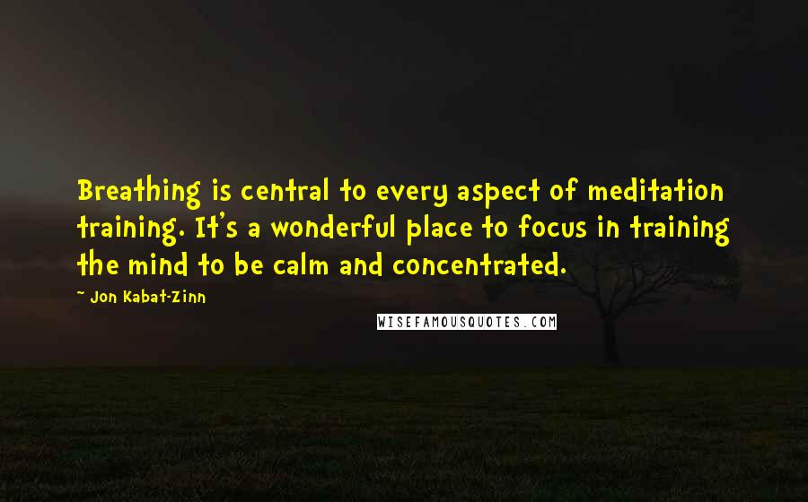 Jon Kabat-Zinn quotes: Breathing is central to every aspect of meditation training. It's a wonderful place to focus in training the mind to be calm and concentrated.
