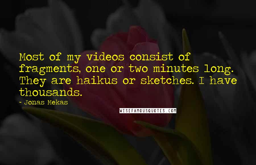 Jonas Mekas quotes: Most of my videos consist of fragments, one or two minutes long. They are haikus or sketches. I have thousands.