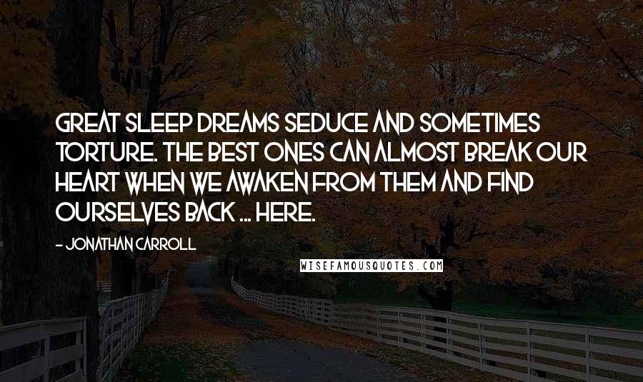 Jonathan Carroll quotes: Great sleep dreams seduce and sometimes torture. The best ones can almost break our heart when we awaken from them and find ourselves back ... here.