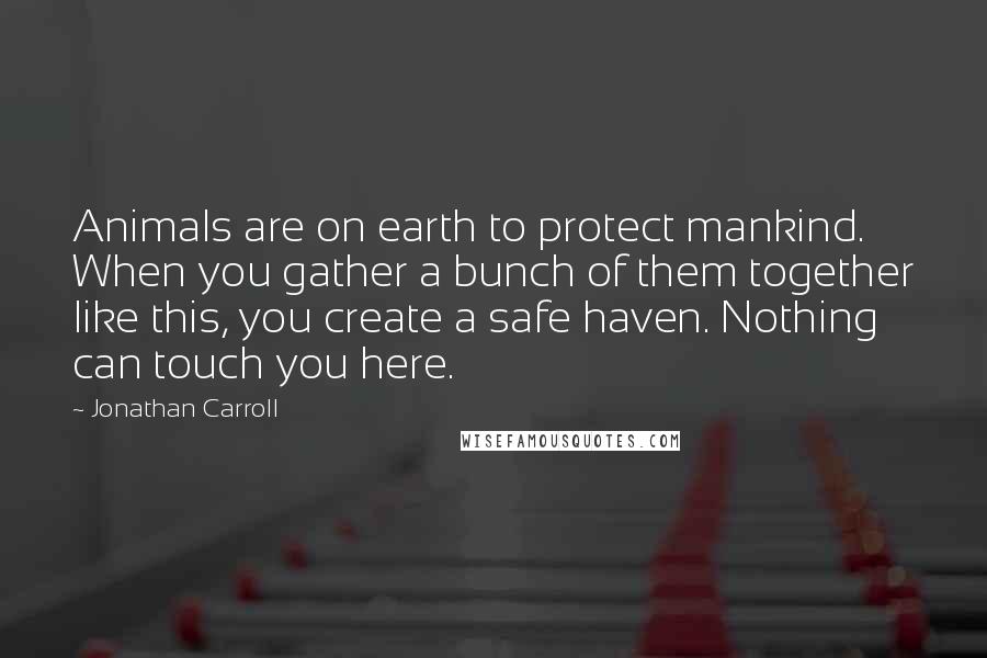 Jonathan Carroll quotes: Animals are on earth to protect mankind. When you gather a bunch of them together like this, you create a safe haven. Nothing can touch you here.