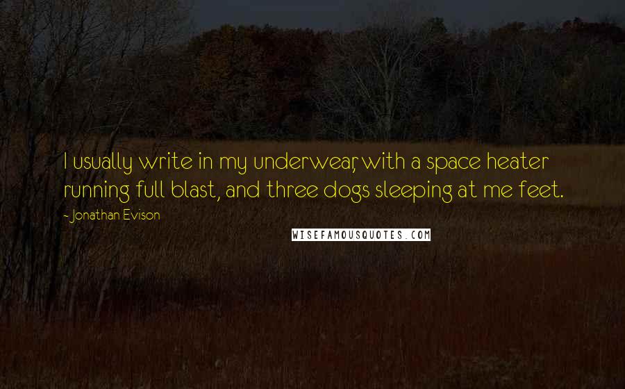 Jonathan Evison quotes: I usually write in my underwear, with a space heater running full blast, and three dogs sleeping at me feet.