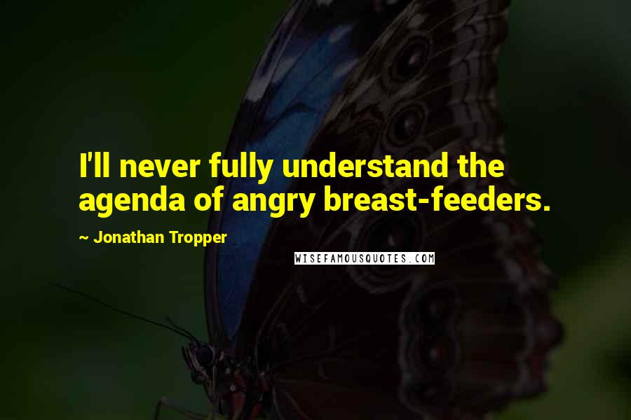 Jonathan Tropper quotes: I'll never fully understand the agenda of angry breast-feeders.