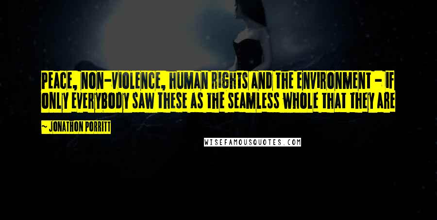 Jonathon Porritt quotes: Peace, non-violence, human rights and the environment - if only everybody saw these as the seamless whole that they are Jonathon Porritt quotes: Peace, non-violence, human rights and the environment - if only everybody saw these as the seamless whole that they are