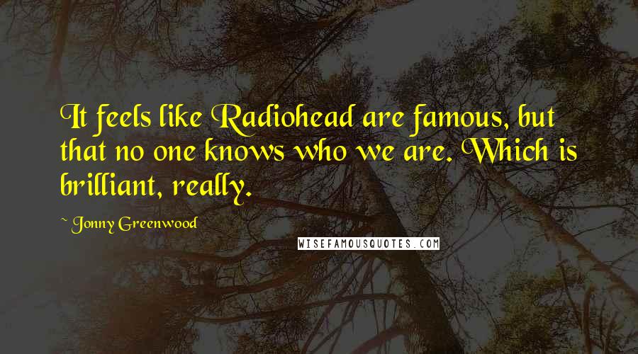 Jonny Greenwood quotes: It feels like Radiohead are famous, but that no one knows who we are. Which is brilliant, really. Jonny Greenwood quotes: It feels like Radiohead are famous, but that no one knows who we are. Which is brilliant, really.