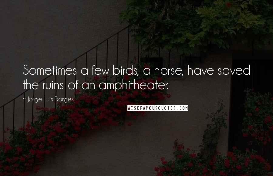 Jorge Luis Borges quotes: Sometimes a few birds, a horse, have saved the ruins of an amphitheater.