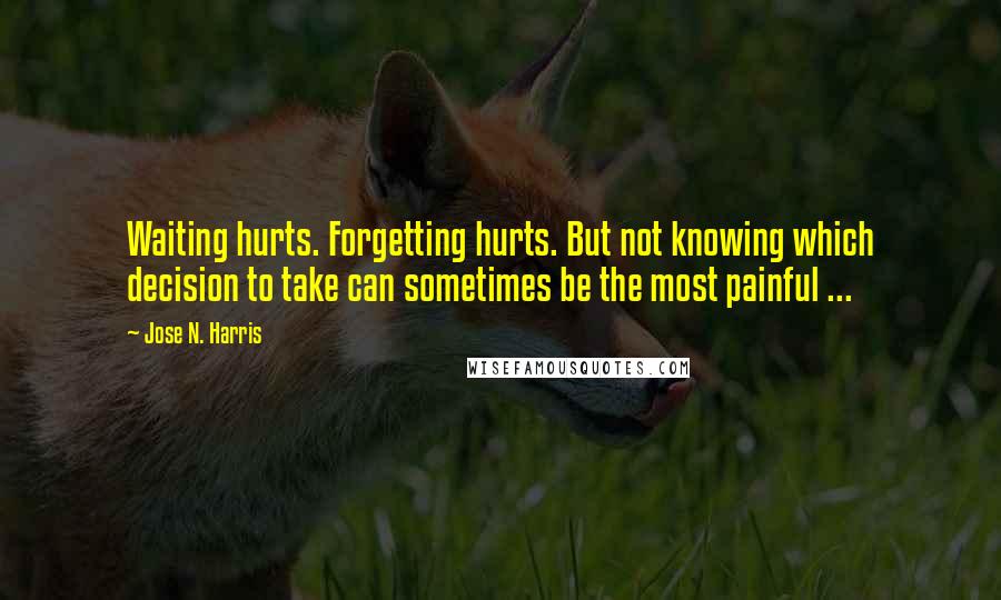 Jose N. Harris quotes: Waiting hurts. Forgetting hurts. But not knowing which decision to take can sometimes be the most painful ...