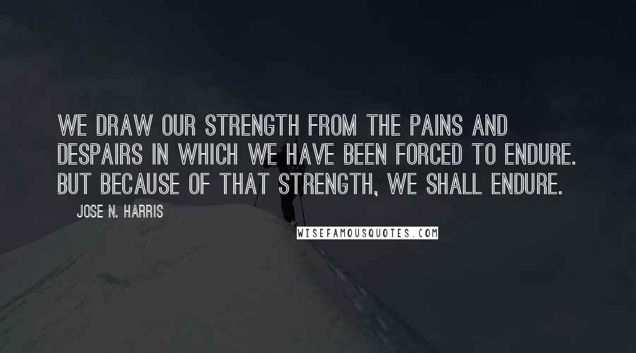 Jose N. Harris quotes: We draw our strength from the pains and despairs in which we have been forced to endure. But because of that strength, we shall endure.
