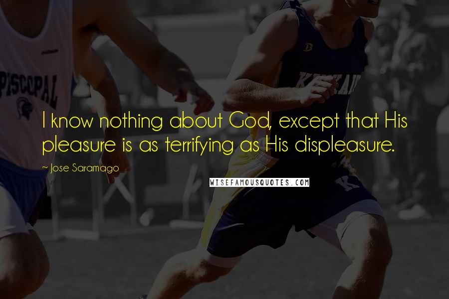 Jose Saramago quotes: I know nothing about God, except that His pleasure is as terrifying as His displeasure.