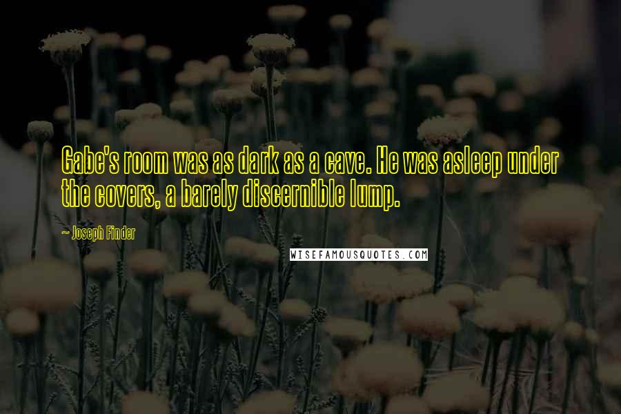 Joseph Finder quotes: Gabe's room was as dark as a cave. He was asleep under the covers, a barely discernible lump.