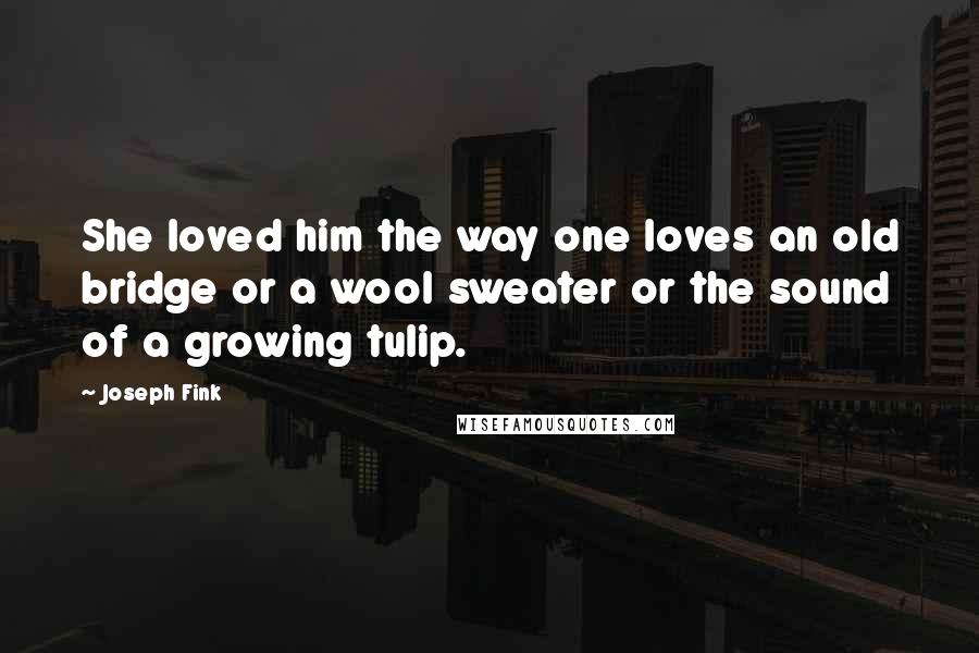 Joseph Fink quotes: She loved him the way one loves an old bridge or a wool sweater or the sound of a growing tulip.