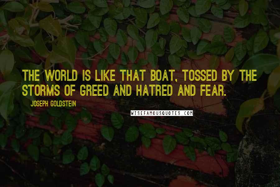 Joseph Goldstein quotes: The world is like that boat, tossed by the storms of greed and hatred and fear.