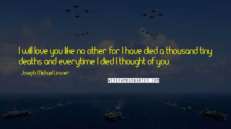 Joseph Michael Linsner quotes: I will love you like no other for I have died a thousand tiny deaths and everytime I died I thought of you.