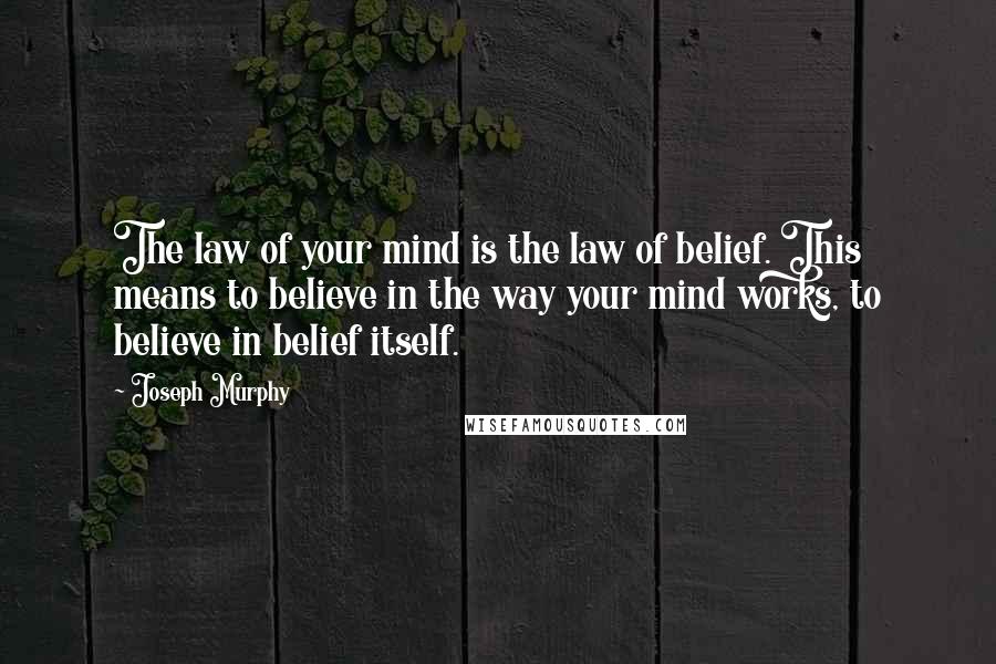 Joseph Murphy quotes: The law of your mind is the law of belief. This means to believe in the way your mind works, to believe in belief itself.