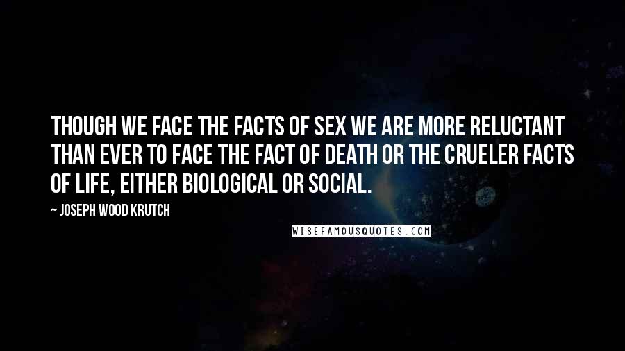 Joseph Wood Krutch quotes: Though we face the facts of sex we are more reluctant than ever to face the fact of death or the crueler facts of life, either biological or social.
