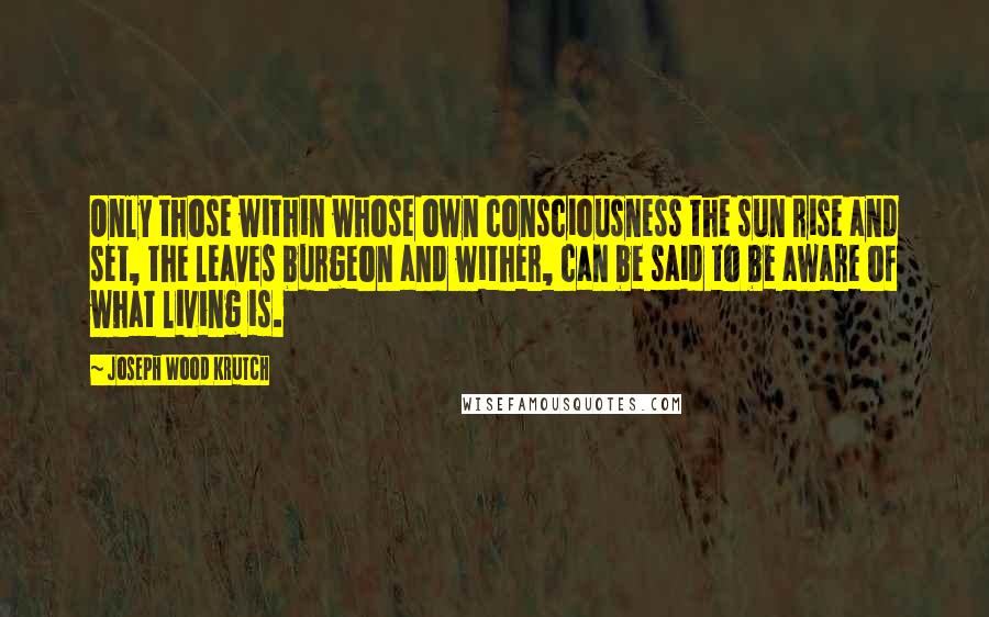 Joseph Wood Krutch quotes: Only those within whose own consciousness the sun rise and set, the leaves burgeon and wither, can be said to be aware of what living is.