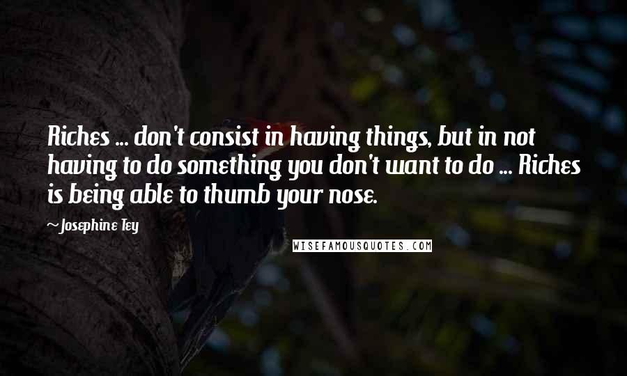 Josephine Tey quotes: Riches ... don't consist in having things, but in not having to do something you don't want to do ... Riches is being able to thumb your nose.