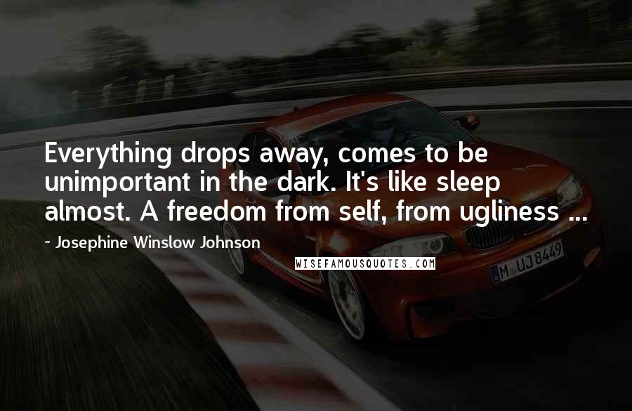 Josephine Winslow Johnson quotes: Everything drops away, comes to be unimportant in the dark. It's like sleep almost. A freedom from self, from ugliness ...