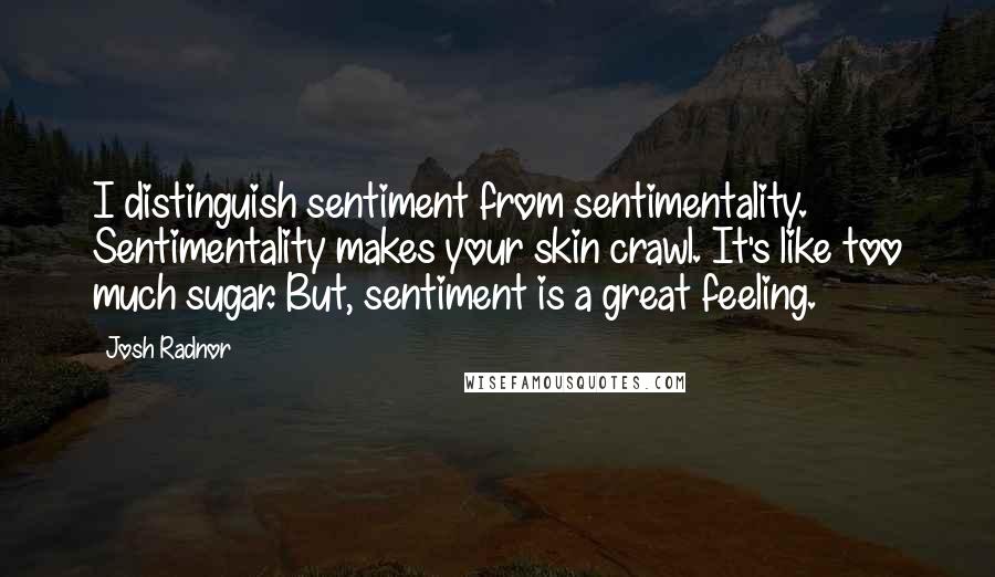 Josh Radnor quotes: I distinguish sentiment from sentimentality. Sentimentality makes your skin crawl. It's like too much sugar. But, sentiment is a great feeling.