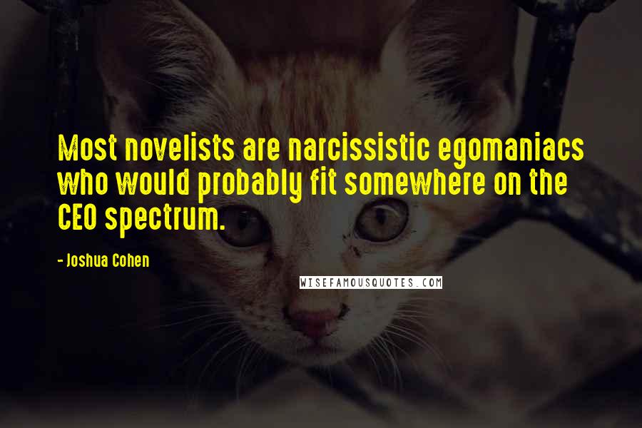 Joshua Cohen quotes: Most novelists are narcissistic egomaniacs who would probably fit somewhere on the CEO spectrum.