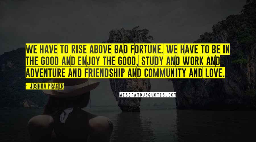 Joshua Prager quotes: We have to rise above bad fortune. We have to be in the good and enjoy the good, study and work and adventure and friendship and community and love.