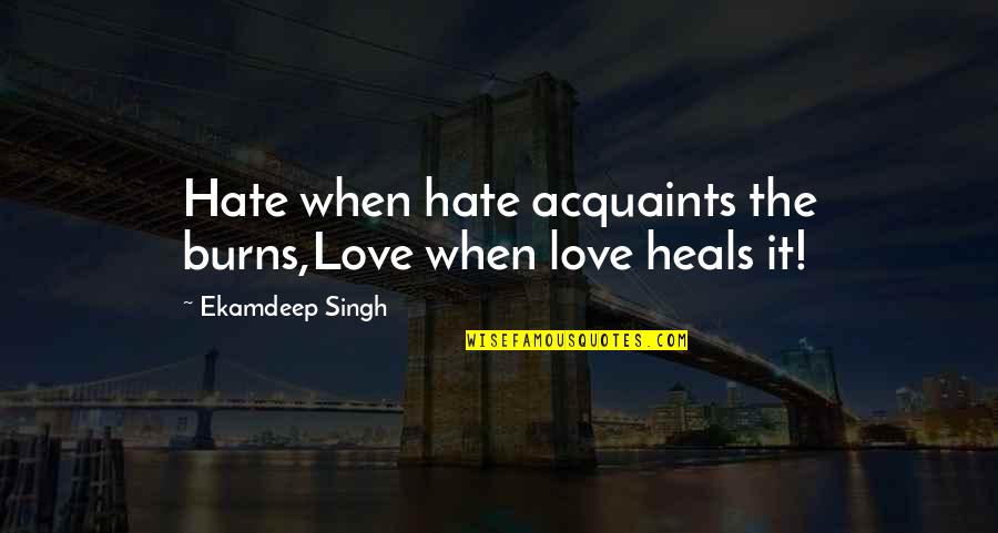 Journeys For Kids Quotes By Ekamdeep Singh: Hate when hate acquaints the burns,Love when love