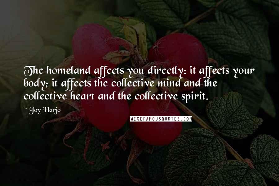 Joy Harjo quotes: The homeland affects you directly: it affects your body; it affects the collective mind and the collective heart and the collective spirit. Joy Harjo quotes: The homeland affects you directly: it affects your body; it affects the collective mind and the collective heart and the collective spirit.