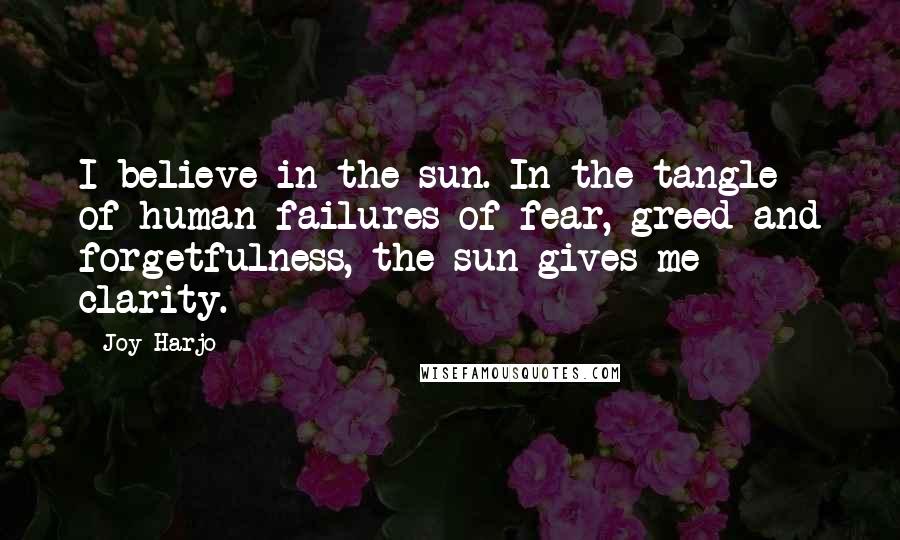 Joy Harjo quotes: I believe in the sun. In the tangle of human failures of fear, greed and forgetfulness, the sun gives me clarity.