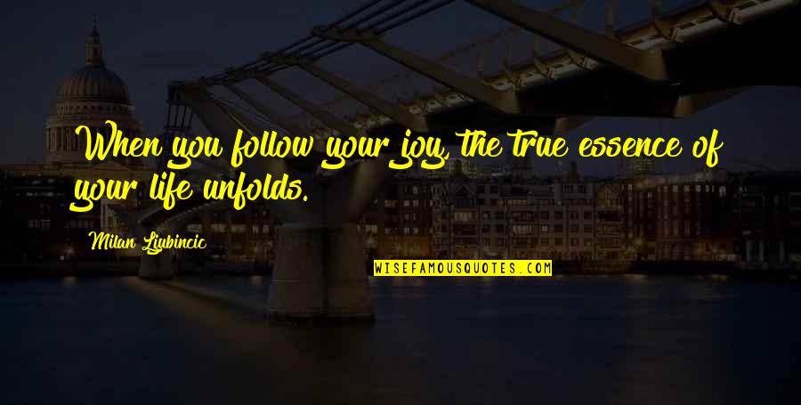 Joy Quote Quotes By Milan Ljubincic: When you follow your joy, the true essence Joy Quote Quotes By Milan Ljubincic: When you follow your joy, the true essence