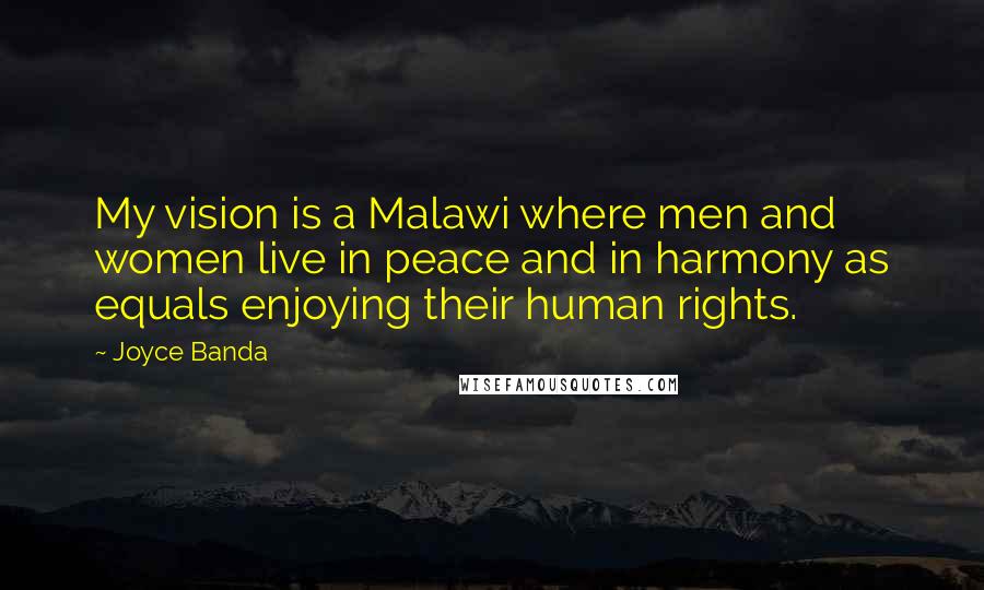 Joyce Banda quotes: My vision is a Malawi where men and women live in peace and in harmony as equals enjoying their human rights.