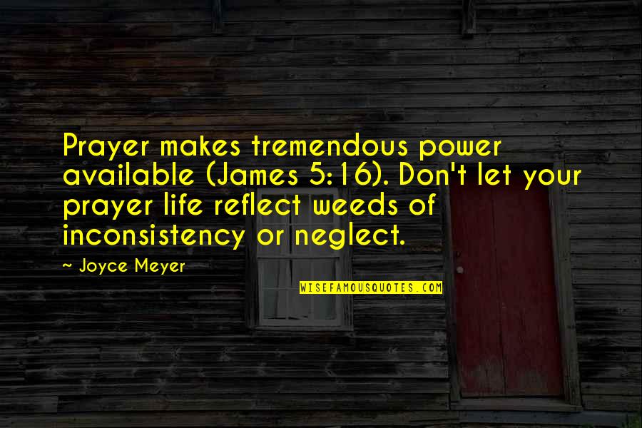 Joyce James Quotes By Joyce Meyer: Prayer makes tremendous power available (James 5:16). Don't