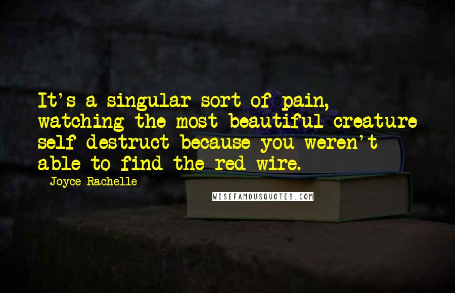 Joyce Rachelle quotes: It's a singular sort of pain, watching the most beautiful creature self-destruct because you weren't able to find the red wire.