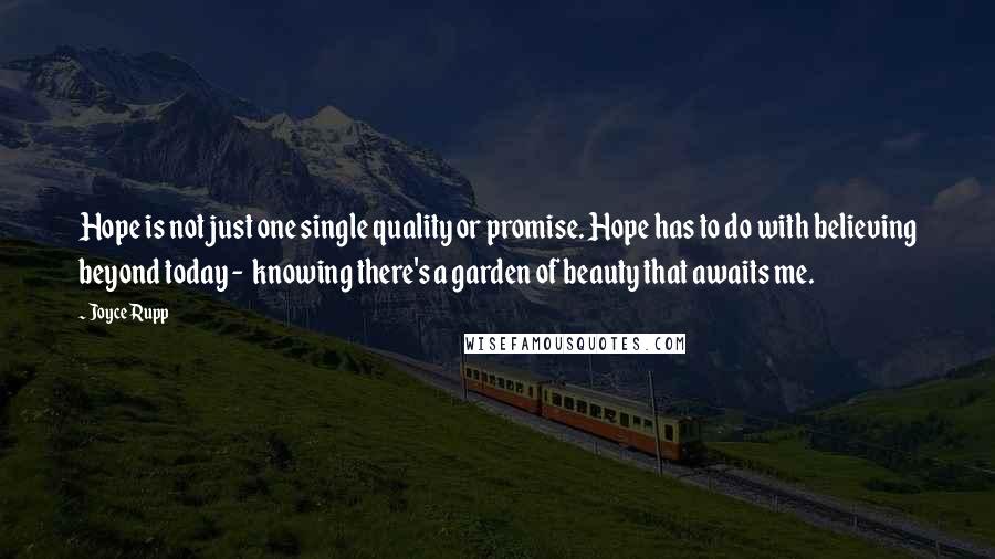 Joyce Rupp quotes: Hope is not just one single quality or promise. Hope has to do with believing beyond today - knowing there's a garden of beauty that awaits me. Joyce Rupp quotes: Hope is not just one single quality or promise. Hope has to do with believing beyond today - knowing there's a garden of beauty that awaits me.