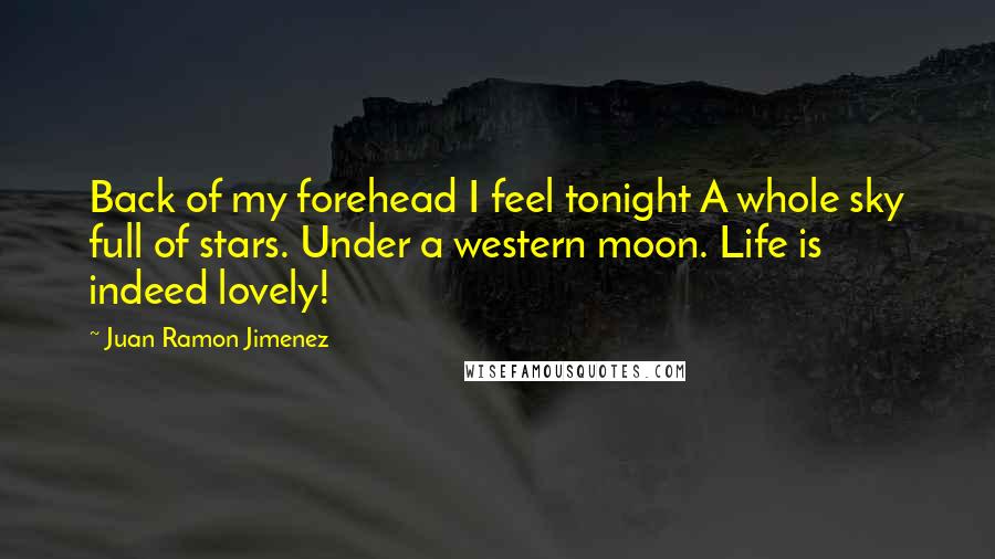 Juan Ramon Jimenez quotes: Back of my forehead I feel tonight A whole sky full of stars. Under a western moon. Life is indeed lovely!