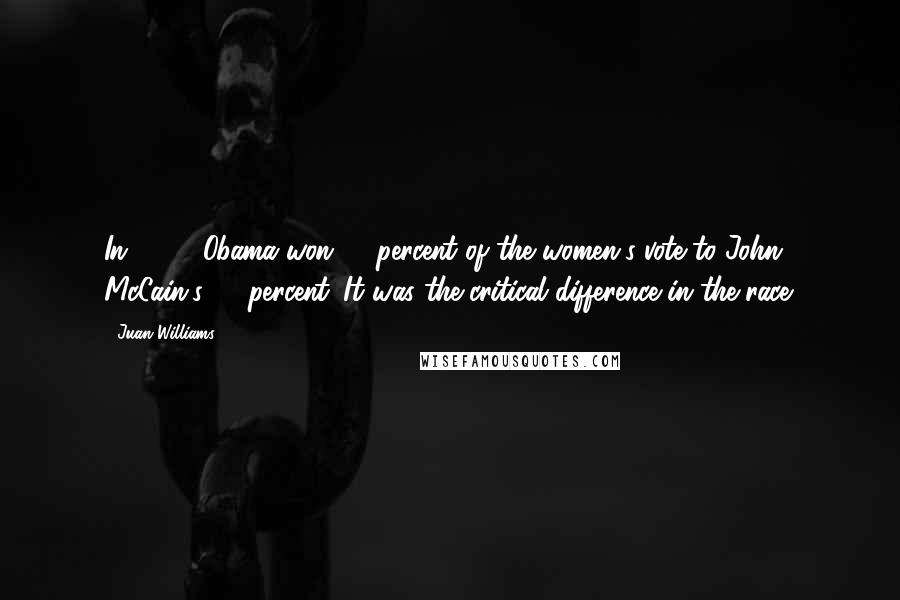 Juan Williams quotes: In 2008, Obama won 56 percent of the women's vote to John McCain's 43 percent. It was the critical difference in the race.