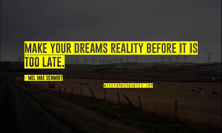 Jubilance Pms Quotes By Mel Mae Schmidt: Make your dreams reality before it is too Jubilance Pms Quotes By Mel Mae Schmidt: Make your dreams reality before it is too