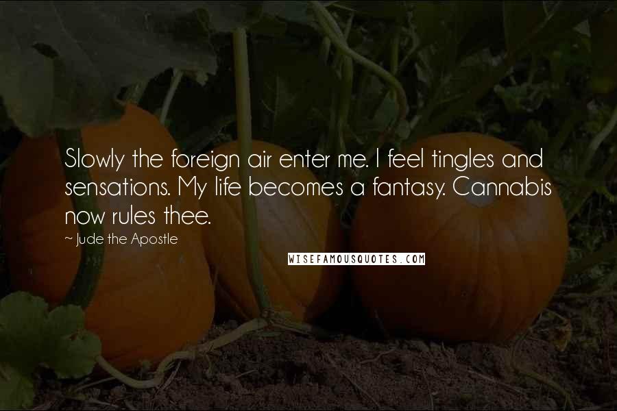 Jude The Apostle quotes: Slowly the foreign air enter me. I feel tingles and sensations. My life becomes a fantasy. Cannabis now rules thee.