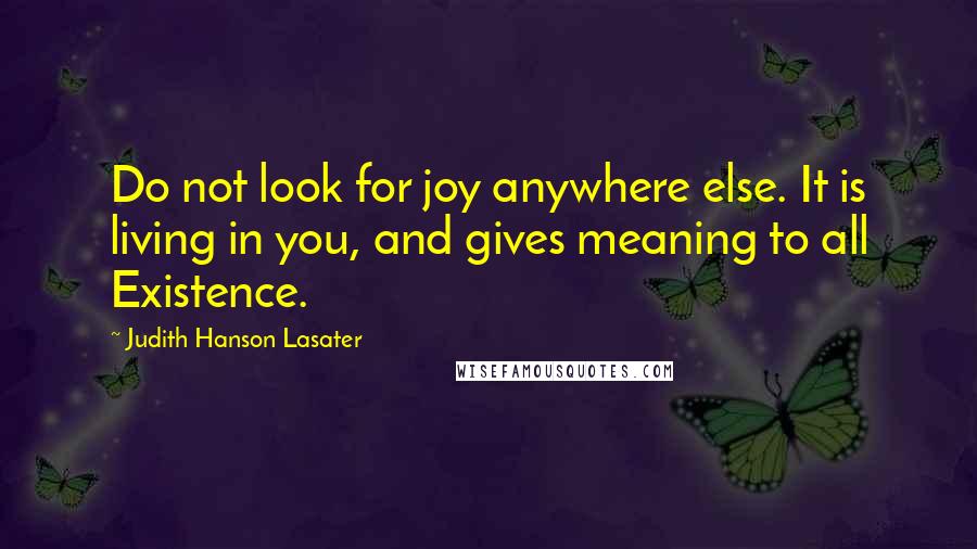 Judith Hanson Lasater quotes: Do not look for joy anywhere else. It is living in you, and gives meaning to all Existence.