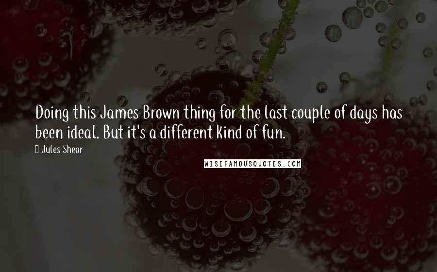Jules Shear quotes: Doing this James Brown thing for the last couple of days has been ideal. But it's a different kind of fun. Jules Shear quotes: Doing this James Brown thing for the last couple of days has been ideal. But it's a different kind of fun.