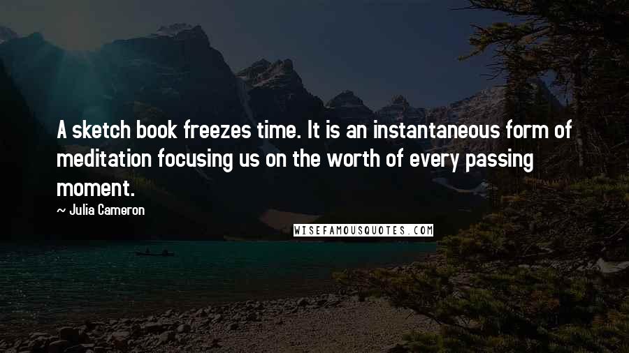 Julia Cameron quotes: A sketch book freezes time. It is an instantaneous form of meditation focusing us on the worth of every passing moment. Julia Cameron quotes: A sketch book freezes time. It is an instantaneous form of meditation focusing us on the worth of every passing moment.