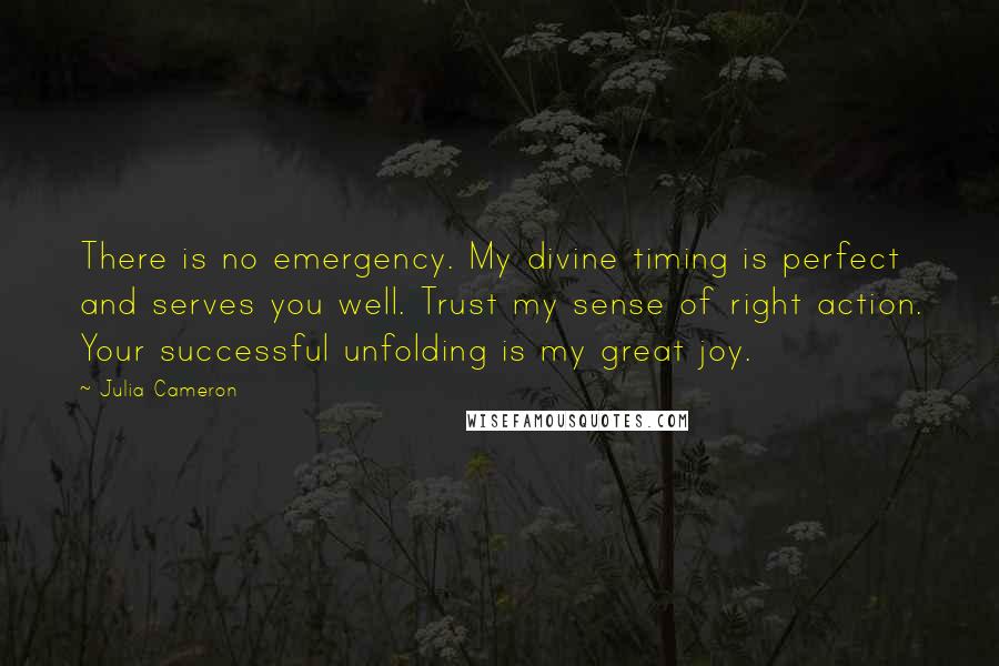 Julia Cameron quotes: There is no emergency. My divine timing is perfect and serves you well. Trust my sense of right action. Your successful unfolding is my great joy.