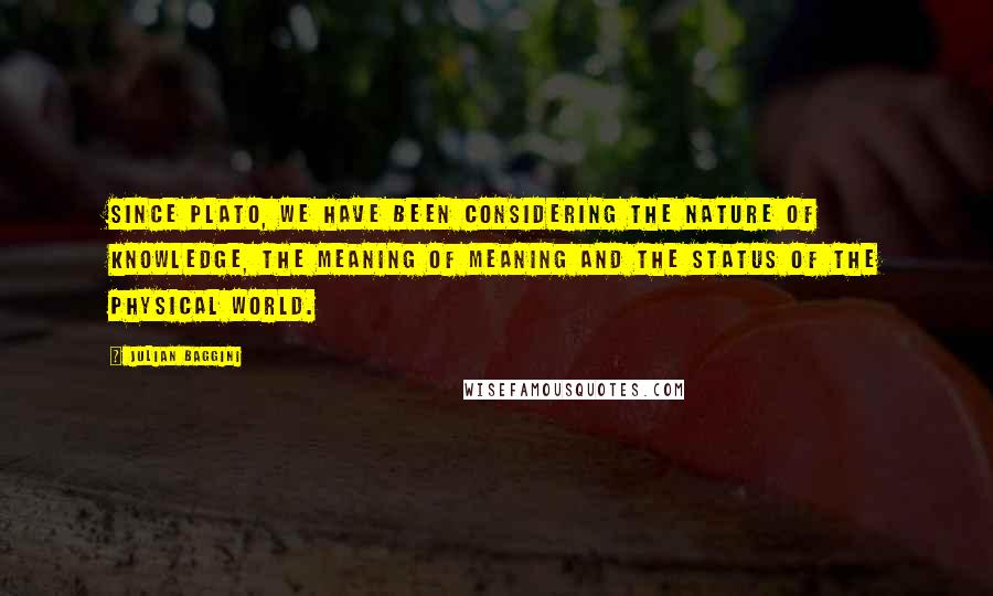 Julian Baggini quotes: Since Plato, we have been considering the nature of knowledge, the meaning of meaning and the status of the physical world.