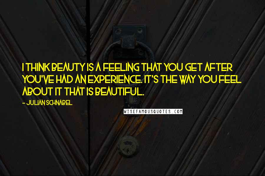 Julian Schnabel quotes: I think beauty is a feeling that you get after you've had an experience. It's the way you feel about it that is beautiful.