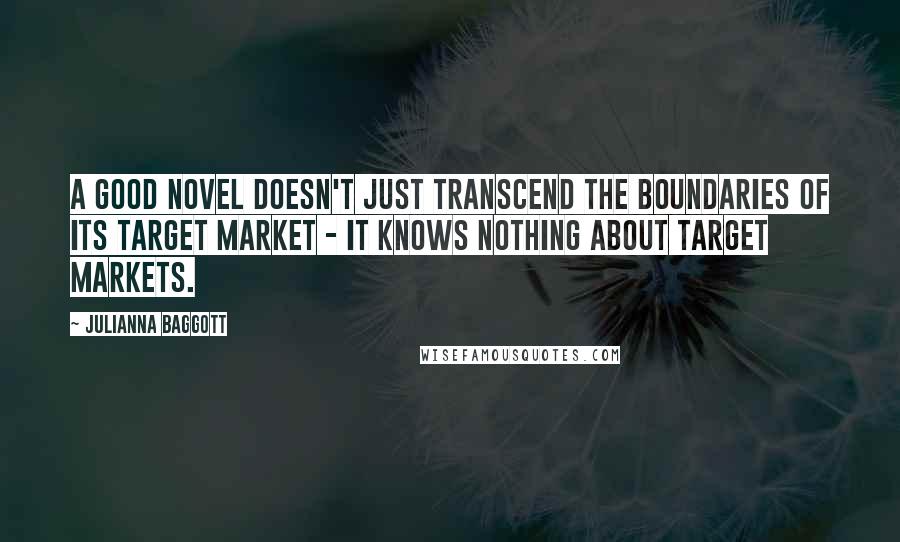 Julianna Baggott quotes: A good novel doesn't just transcend the boundaries of its target market - it knows nothing about target markets.