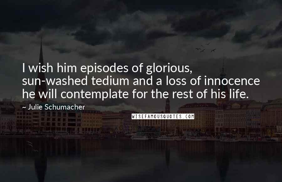 Julie Schumacher quotes: I wish him episodes of glorious, sun-washed tedium and a loss of innocence he will contemplate for the rest of his life.