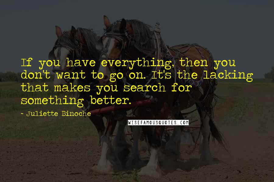 Juliette Binoche quotes: If you have everything, then you don't want to go on. It's the lacking that makes you search for something better.